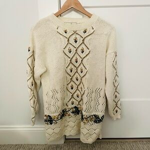 express white tan vintage embroidered oversized knit patterned pullover sweater